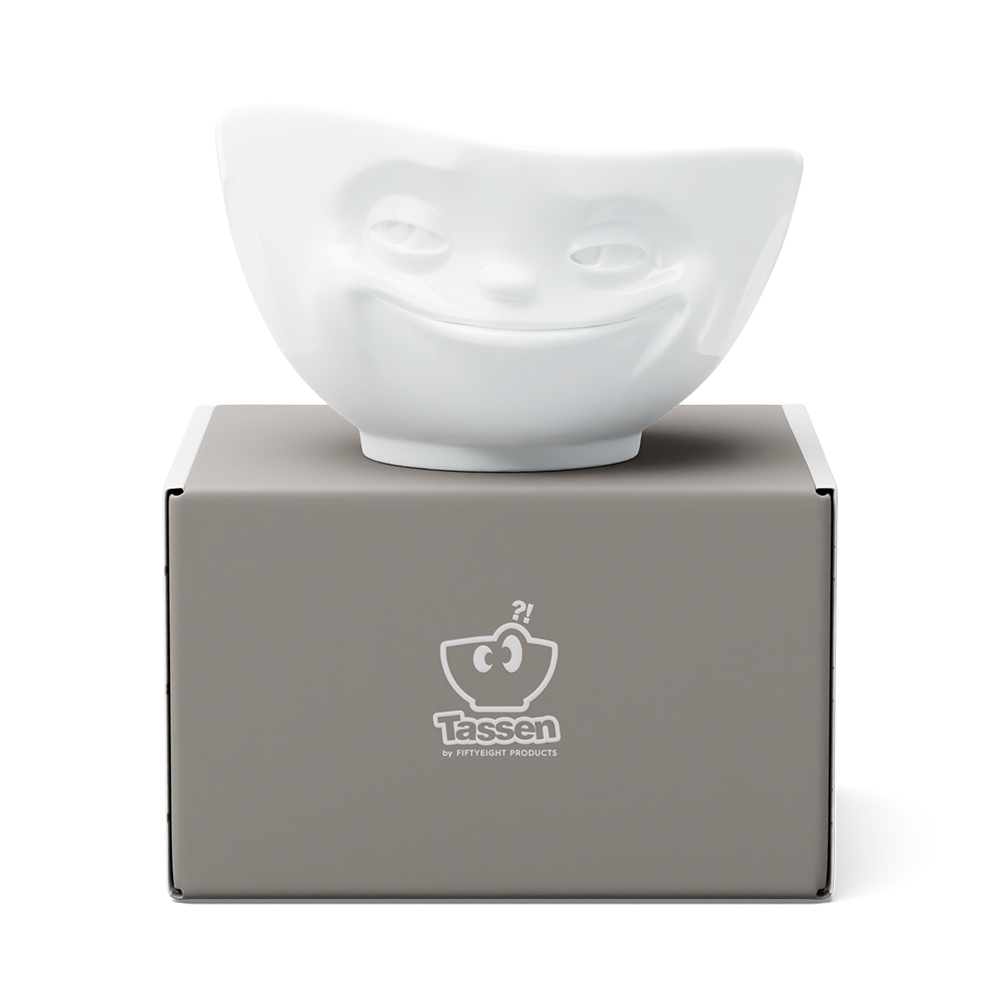 Premium porcelain bowl in white from the porcelain product family of fun dishware by FIFTYEIGHT Products. Offers 16 oz capacity perfect for serving cereal, soup, snacks and much more. Dishwasher and microwave safe bowl featuring a sculpted ‘grinning’ facial expression.Shipped in exclusively designed gift box.