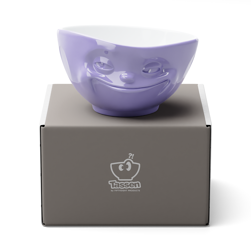 Premium porcelain bowl in purple from the porcelain product family of fun dishware by FIFTYEIGHT Products. Offers 16 oz capacity perfect for serving cereal, soup, snacks and much more. Dishwasher and microwave safe bowl featuring a sculpted ‘grinning’ facial expression. Shipped in exclusively designed gift box.