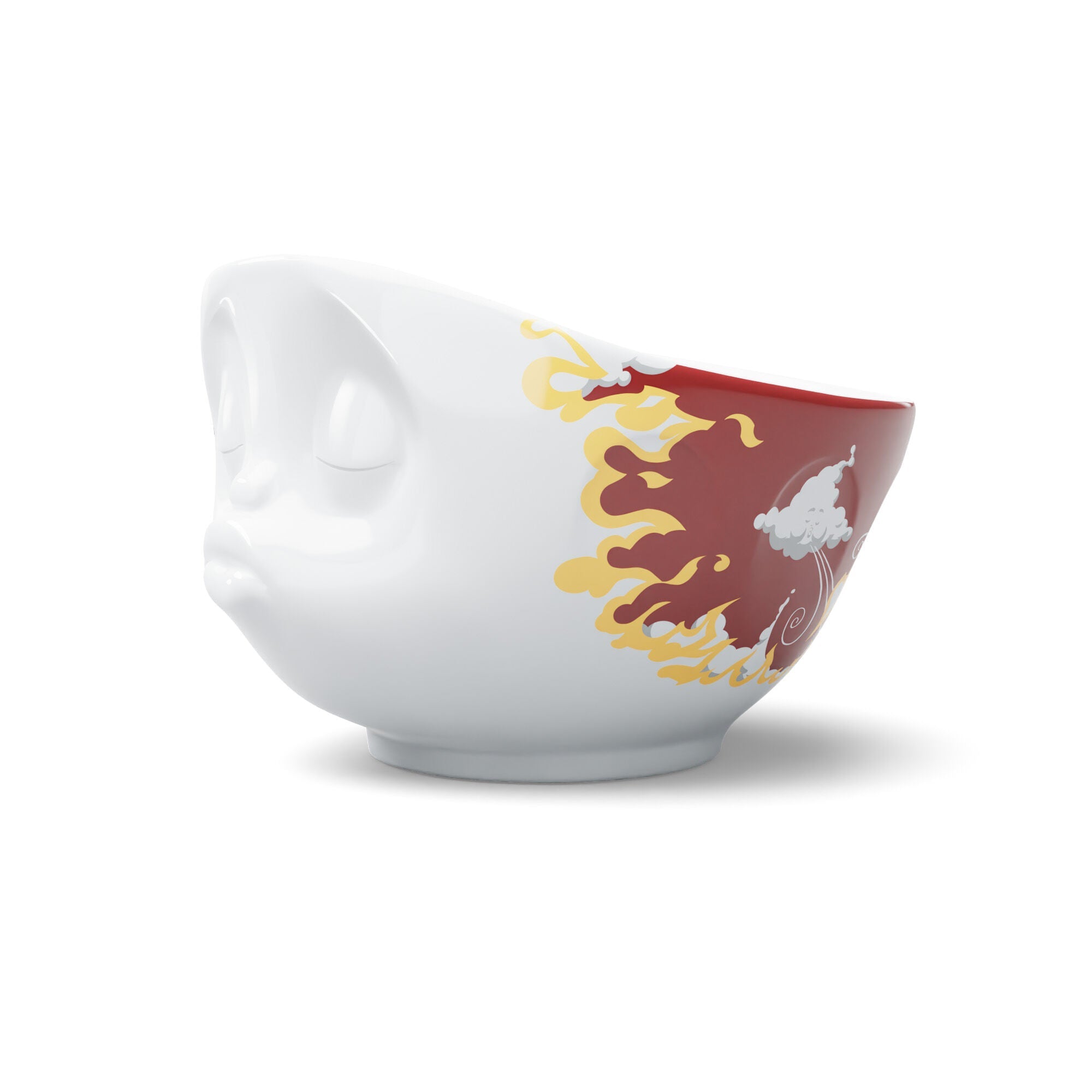 Our special new 16 oz porcelain serving bowl features the 'kissing' face design with a limited edition 'hot' colorway. It's the perfect way to serve spicy food and also the counterpart to the 'Heavenly' Limited Edition Bowl.
