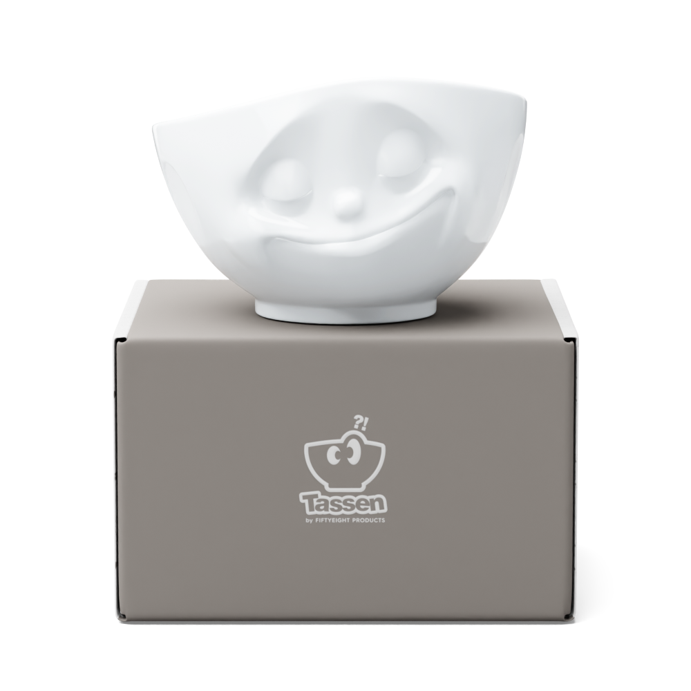 Premium porcelain bowl in white from the porcelain product family of fun dishware by FIFTYEIGHT Products. Offers 16 oz capacity perfect for serving cereal, soup, snacks and much more. Dishwasher and microwave safe bowl featuring a sculpted ‘happy’ facial expression. Shipped in exclusively designed gift box.