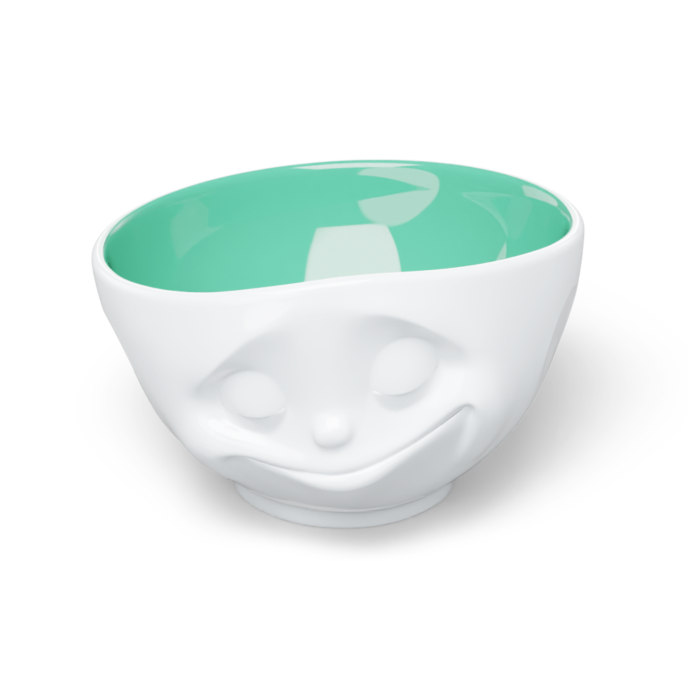 Premium porcelain bowl in white with jade color on the inside from the porcelain product family of fun dishware by FIFTYEIGHT Products. Offers 16 oz capacity perfect for serving cereal, soup, snacks and much more. Dishwasher and microwave safe bowl featuring a sculpted ‘happy’ facial expression. Shipped in exclusively designed gift box.