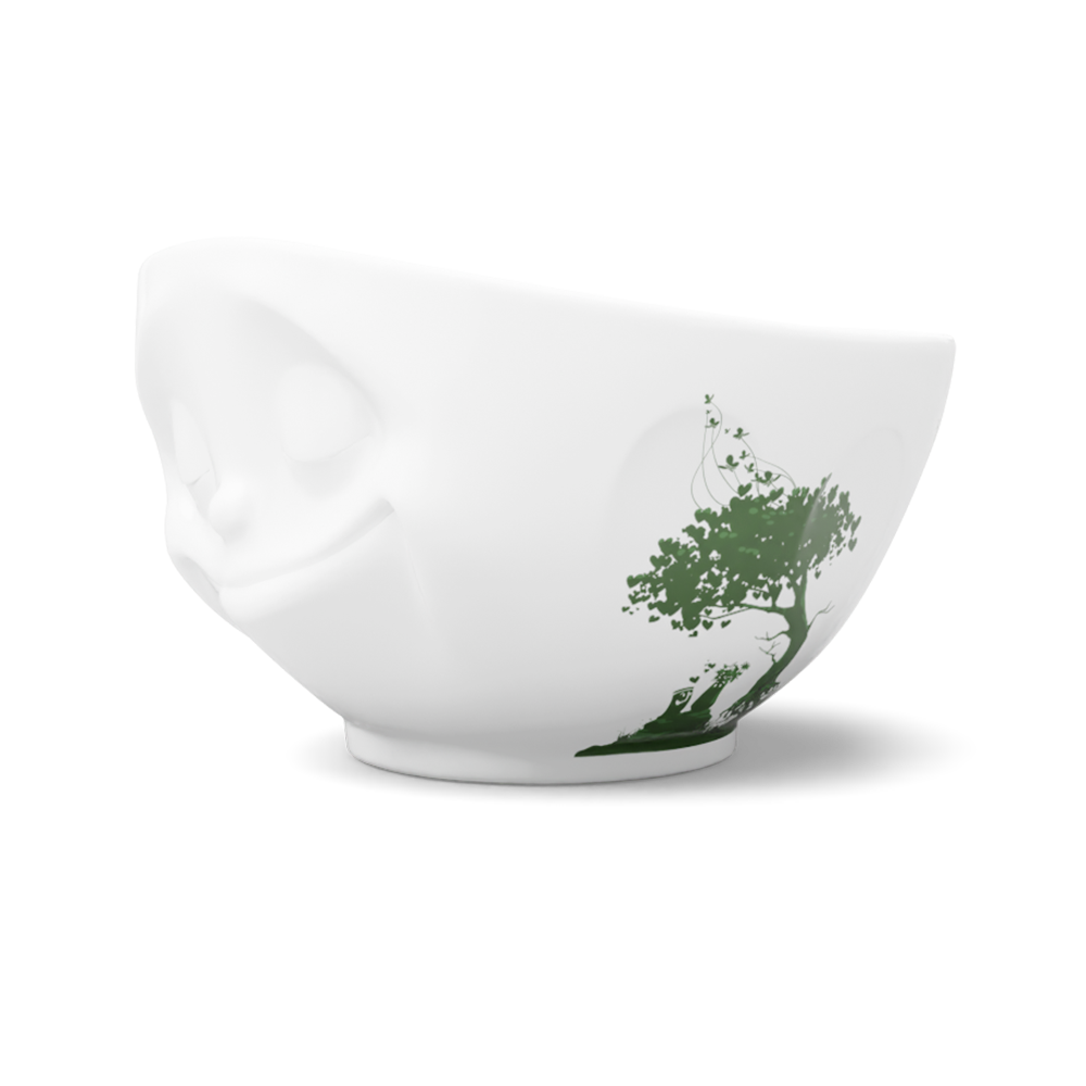 FIFTYEIGHT Products Happy FABULOUS Special Edition 16oz porcelain bowl with rich green finish and delicate nature motifs. Features signature smiling Happy face design on white porcelain with botanical artwork. Made in Germany, Limited Edition.