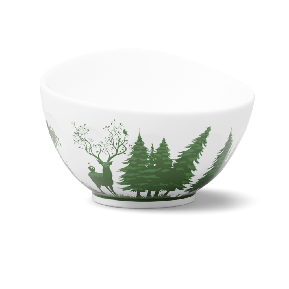 FIFTYEIGHT Products Happy FABULOUS Special Edition 16oz porcelain bowl with rich green finish and delicate nature motifs. Features signature smiling Happy face design on white porcelain with botanical artwork. Made in Germany, Limited Edition.