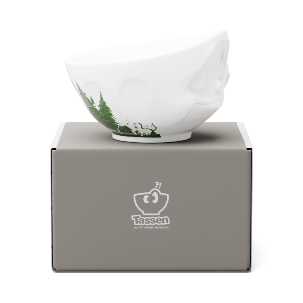 FIFTYEIGHT Products Happy FABULOUS Special Edition 16oz porcelain bowl with rich green finish and delicate nature motifs. Features signature smiling Happy face design on white porcelain with botanical artwork. Made in Germany, Limited Edition.