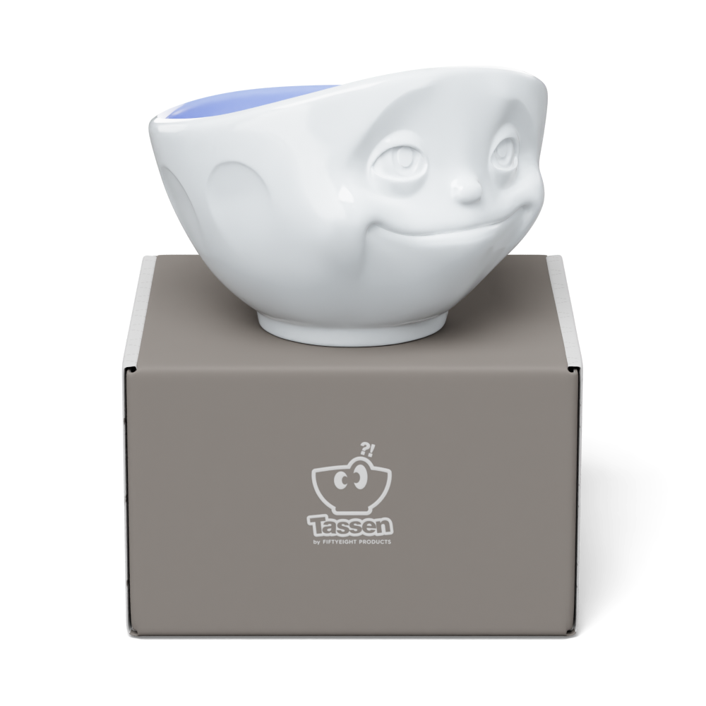 Premium porcelain bowl in white with ocean color inside from the porcelain product family by FIFTYEIGHT Products. Offers 16 oz capacity perfect for serving cereal, soup, snacks and much more. Dishwasher and microwave safe bowl featuring a sculpted ‘dreamy’ facial expression. Shipped in exclusively designed gift box.