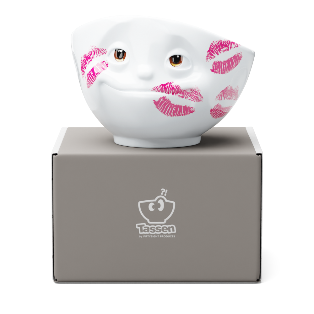 Premium porcelain bowl with colorful accents from TASSEN product family of fun dishware by FIFTYEIGHT Products. Offers 16 oz capacity perfect for serving cereal, soup, snacks and much more. Dishwasher and microwave safe bowl featuring a ‘dreamy’ facial expression and colorful eyes and kiss marks. Shipped in gift box.