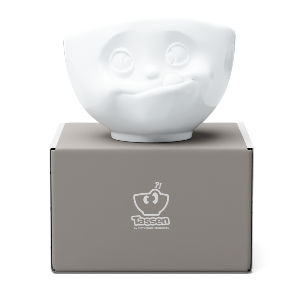 Premium porcelain bowl in white from the porcelain product family of fun dishware by FIFTYEIGHT Products. Offers 16 oz capacity perfect for serving cereal, soup, snacks and much more. Dishwasher and microwave safe bowl featuring a sculpted ‘tasty’ facial expression. Shipped in exclusively designed gift box.