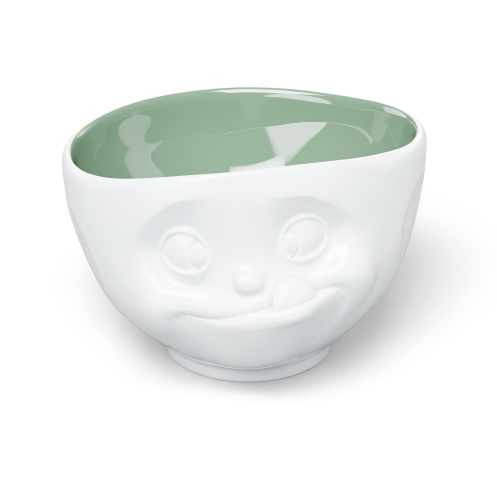 Premium porcelain bowl in white with pine color inside from the porcelain product family by FIFTYEIGHT Products. Offers 16 oz capacity perfect for serving cereal, soup, snacks and much more. Dishwasher and microwave safe bowl featuring a sculpted ‘tasty’ facial expression. Shipped in exclusively designed gift box.