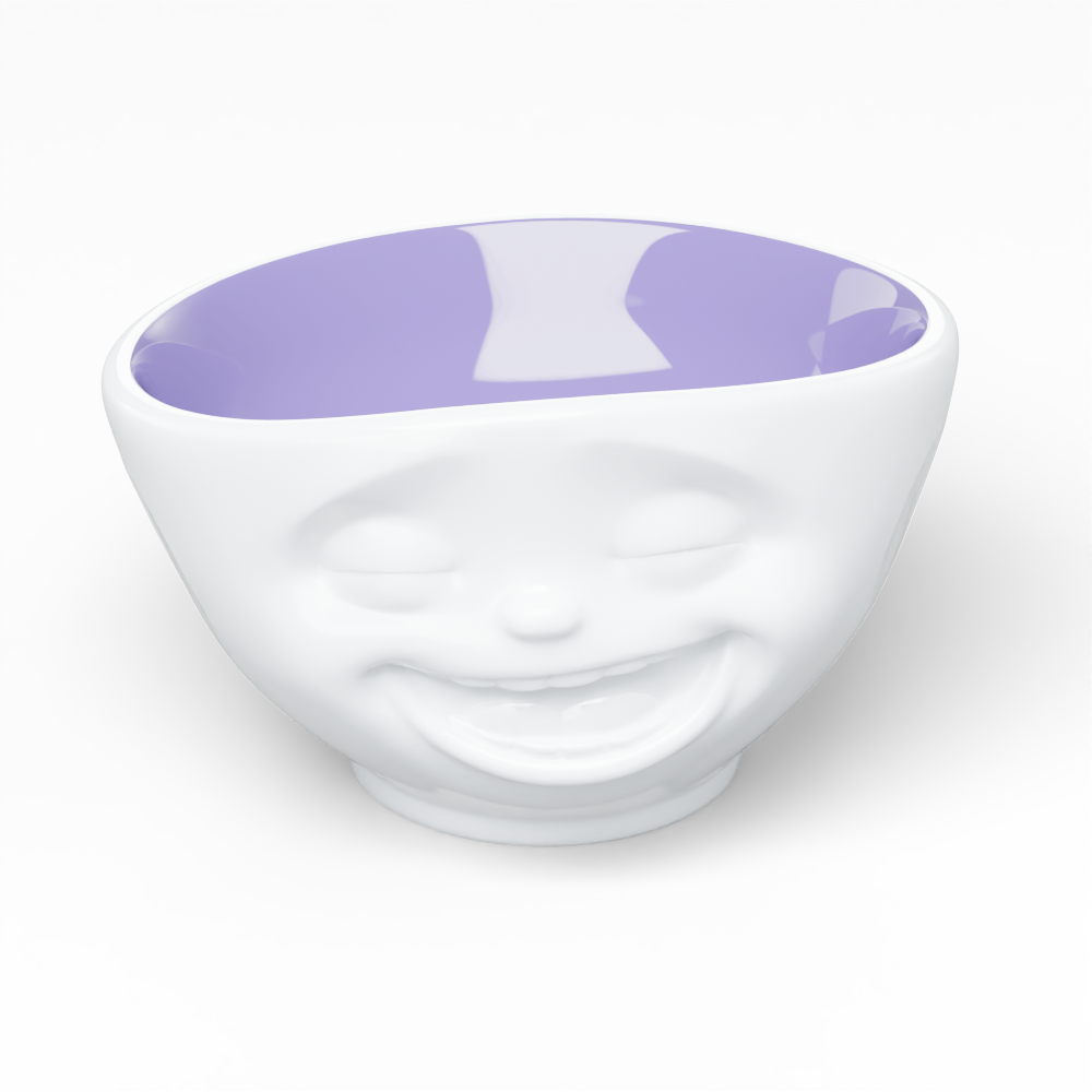 Premium porcelain bowl in white with lavender color inside from the porcelain product family by FIFTYEIGHT Products. Offers 16 oz capacity perfect for serving cereal, soup, snacks and much more. Dishwasher and microwave safe bowl featuring a sculpted ‘laughing’ facial expression. Shipped in exclusively designed gift box.