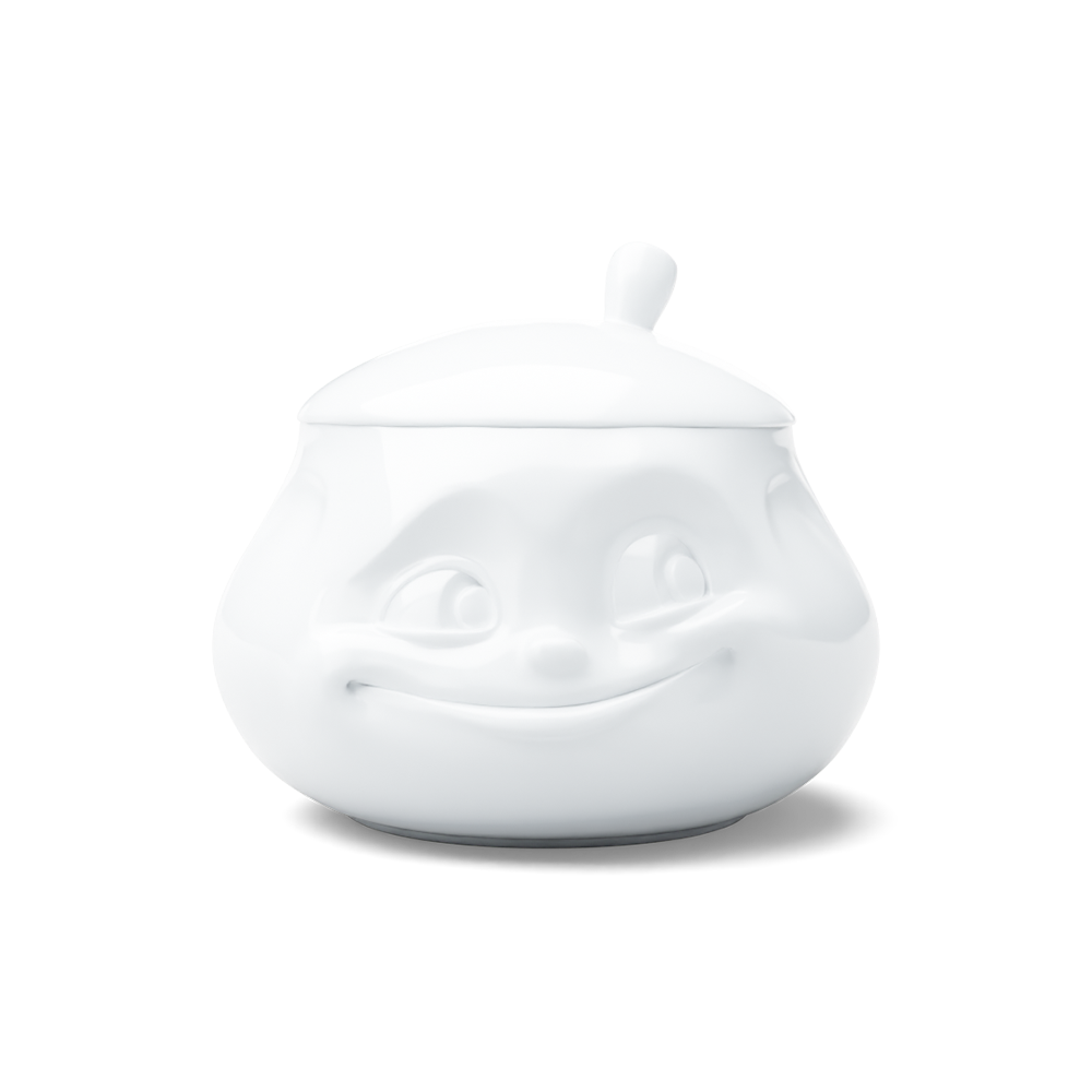 Premium porcelain sugar bowl with "sweet" facial expression and 13.5 oz capacity. Serves sugar, salsa, marmalade, jam, honey, mustard, ketchup, parmesan cheese. Spoon not included. From the porcelain product family of fun dishware by FIFTYEIGHT Products. Shipped in exclusively designed gift box.