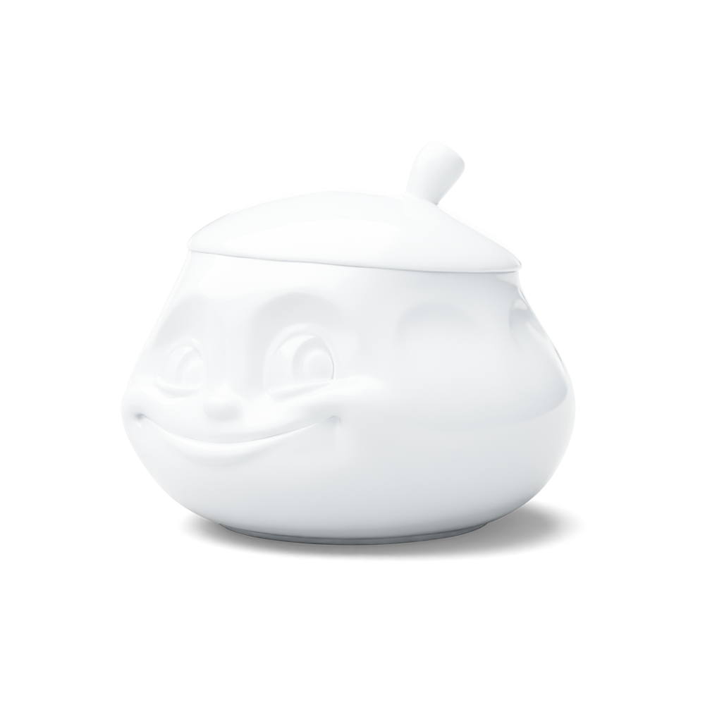 Premium porcelain sugar bowl with "sweet" facial expression and 13.5 oz capacity. Serves sugar, salsa, marmalade, jam, honey, mustard, ketchup, parmesan cheese. Spoon not included. From the porcelain product family of fun dishware by FIFTYEIGHT Products. Shipped in exclusively designed gift box.