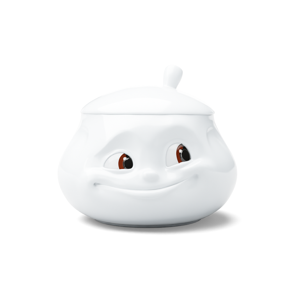 Premium porcelain sugar bowl with "sweet" facial expression and 13.5 oz capacity. Special edition with colorful eyes. Serves sugar, salsa, marmalade, jam, honey, mustard, ketchup, parmesan cheese. Spoon not included. From the porcelain product family of fun dishware by FIFTYEIGHT Products. Shipped in exclusively designed gift box.