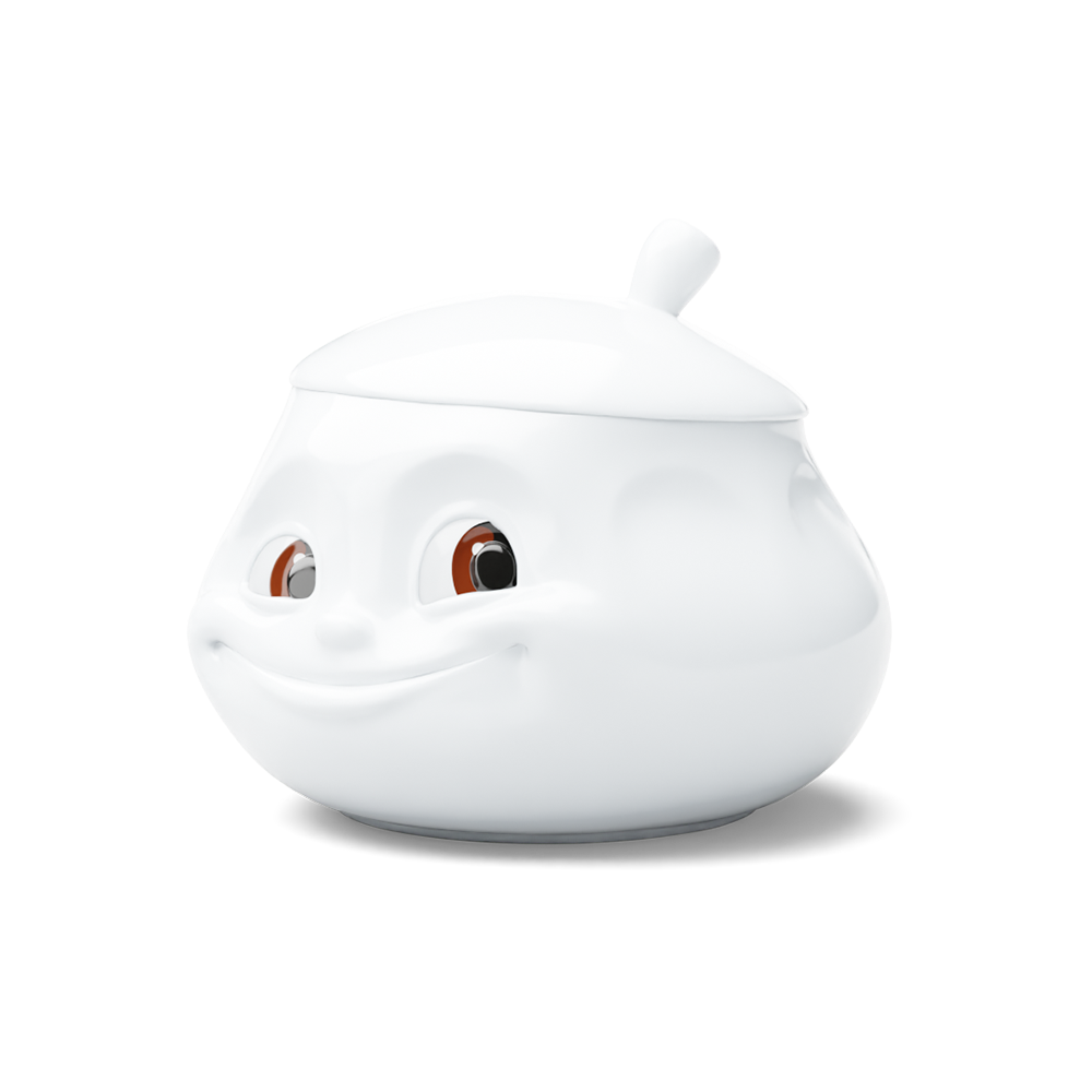 Premium porcelain sugar bowl with "sweet" facial expression and 13.5 oz capacity. Special edition with colorful eyes. Serves sugar, salsa, marmalade, jam, honey, mustard, ketchup, parmesan cheese. Spoon not included. From the porcelain product family of fun dishware by FIFTYEIGHT Products. Shipped in exclusively designed gift box.