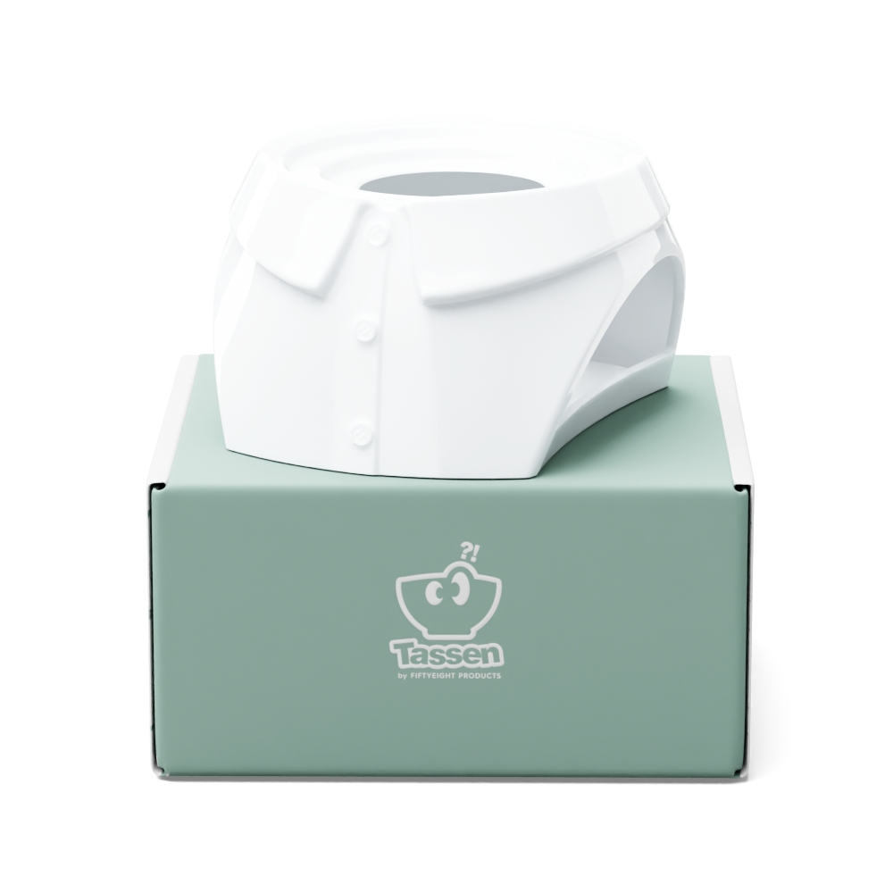 FIFTYEIGHT Products Food Warmer CHIC in white porcelain. Minimalist design with tea light holder base, fits 500ml bowls on top. Premium German porcelain warmer for keeping food warm at table. Made in Germany, dishwasher-safe.