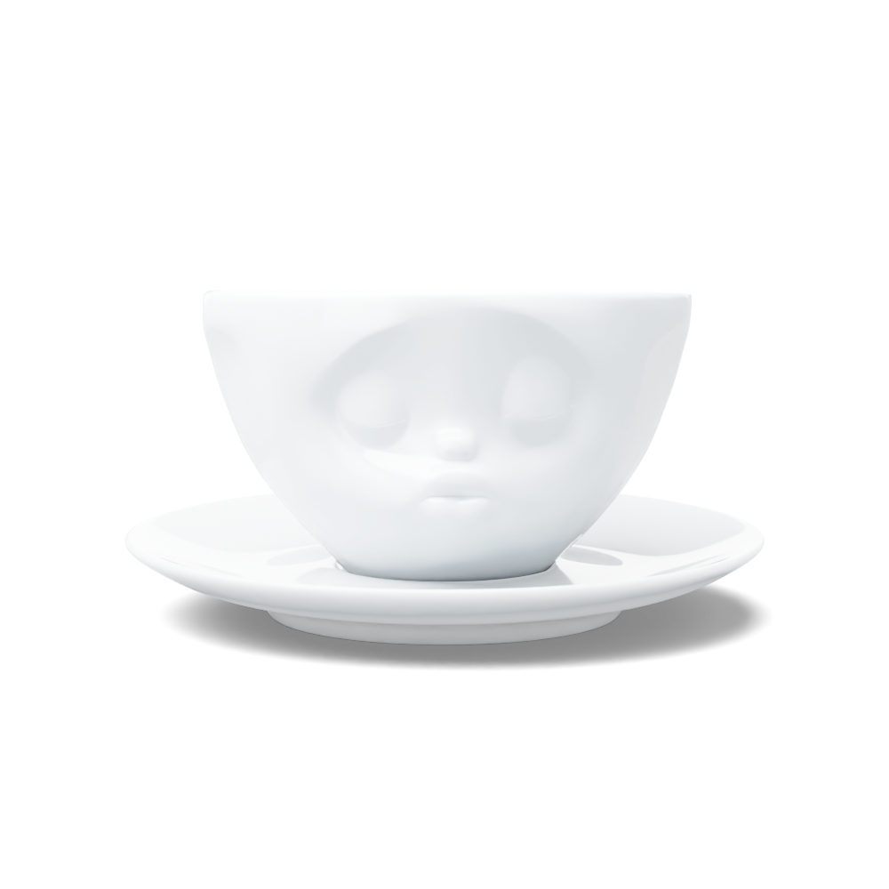 Premium porcelain coffee cup with saucer in white from the porcelain product family of fun dishware by FIFTYEIGHT Products. Offers 6.5 oz capacity and comes with a matching saucer. Dishwasher and microwave safe cup with a 'kissing' facial expression. Shipped in exclusively designed gift box.