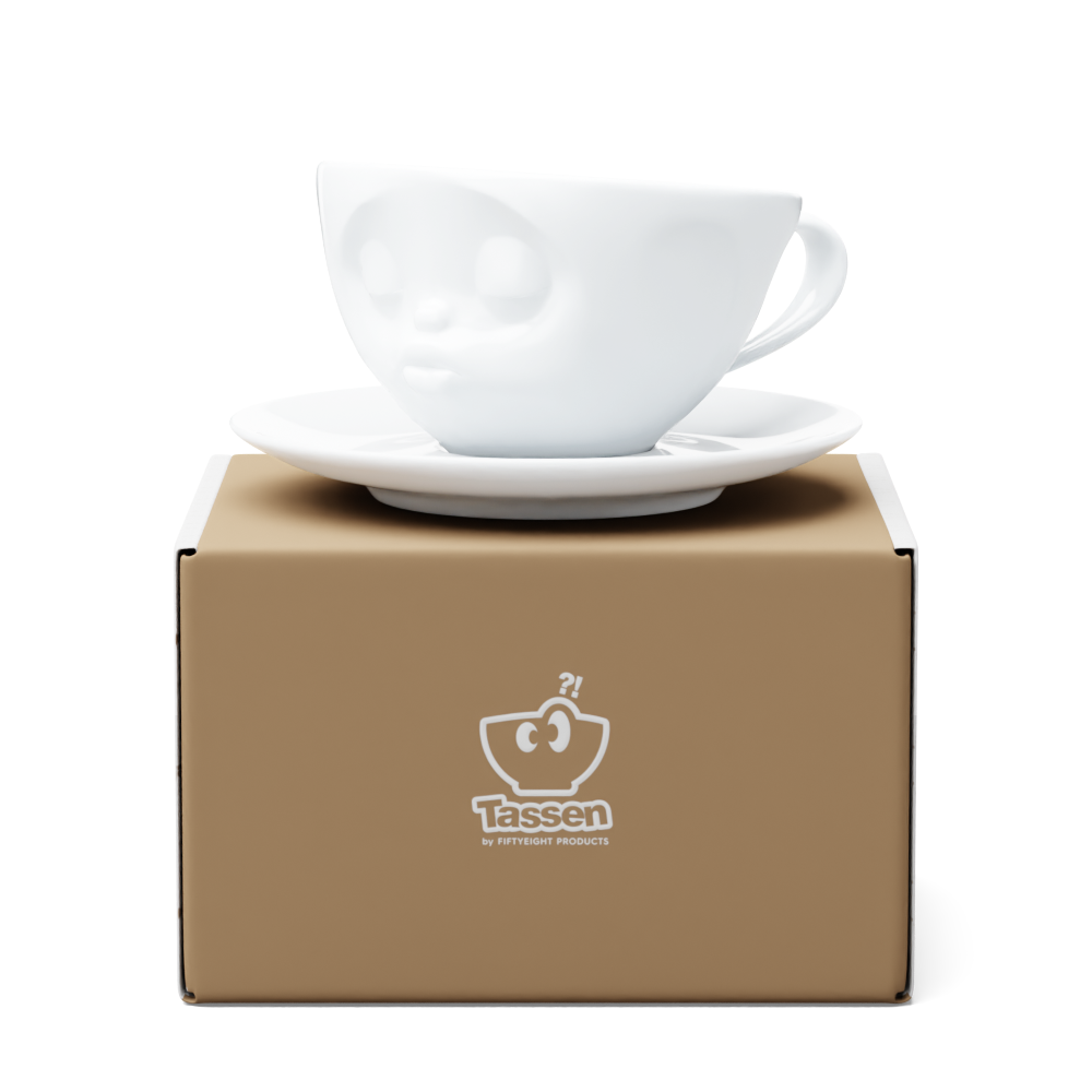 Premium porcelain coffee cup with saucer in white from the porcelain product family of fun dishware by FIFTYEIGHT Products. Offers 6.5 oz capacity and comes with a matching saucer. Dishwasher and microwave safe cup with a 'kissing' facial expression. Shipped in exclusively designed gift box.
