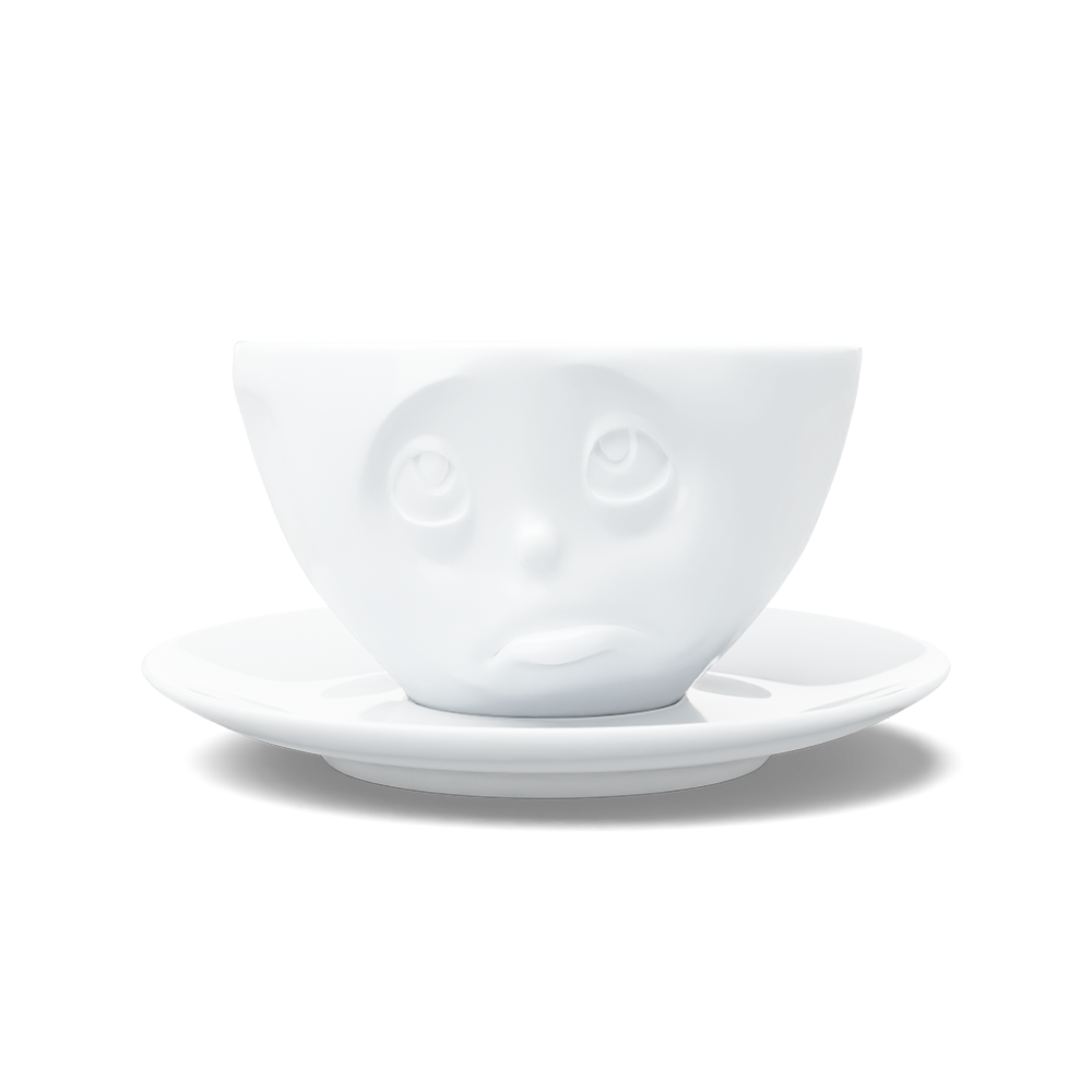 Coffee cup with a 'Oh Please' facial expression and 6.5 oz capacity. From the TASSEN product family of fun dishware by FIFTYEIGHT Products. Coffee cup with matching saucer crafted from quality porcelain.