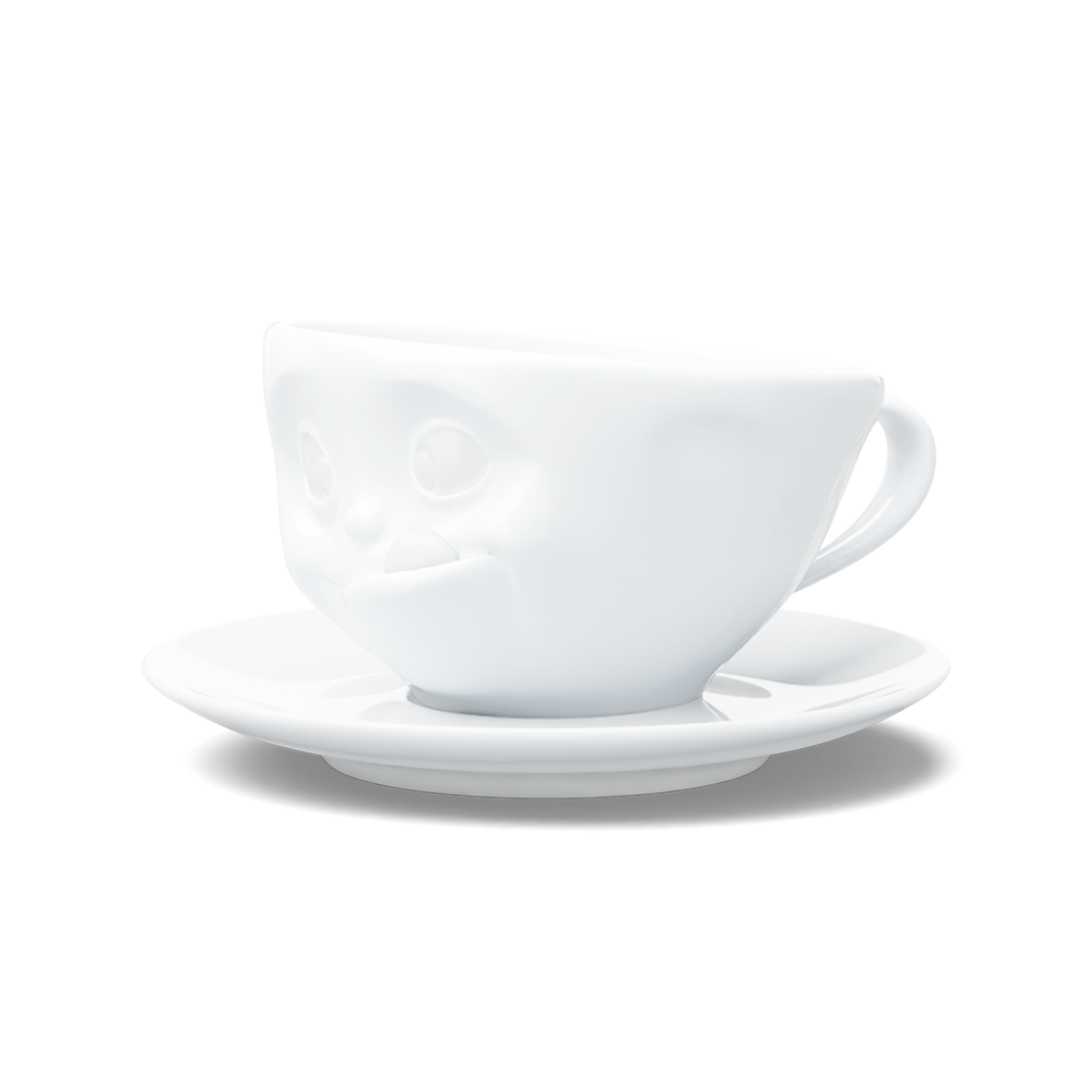Premium porcelain coffee cup with saucer in white from the porcelain product family of fun dishware by FIFTYEIGHT Products. Offers 6.5 oz capacity and comes with a matching saucer. Dishwasher and microwave safe cup with a 'tasty' facial expression. Shipped in exclusively designed gift box.