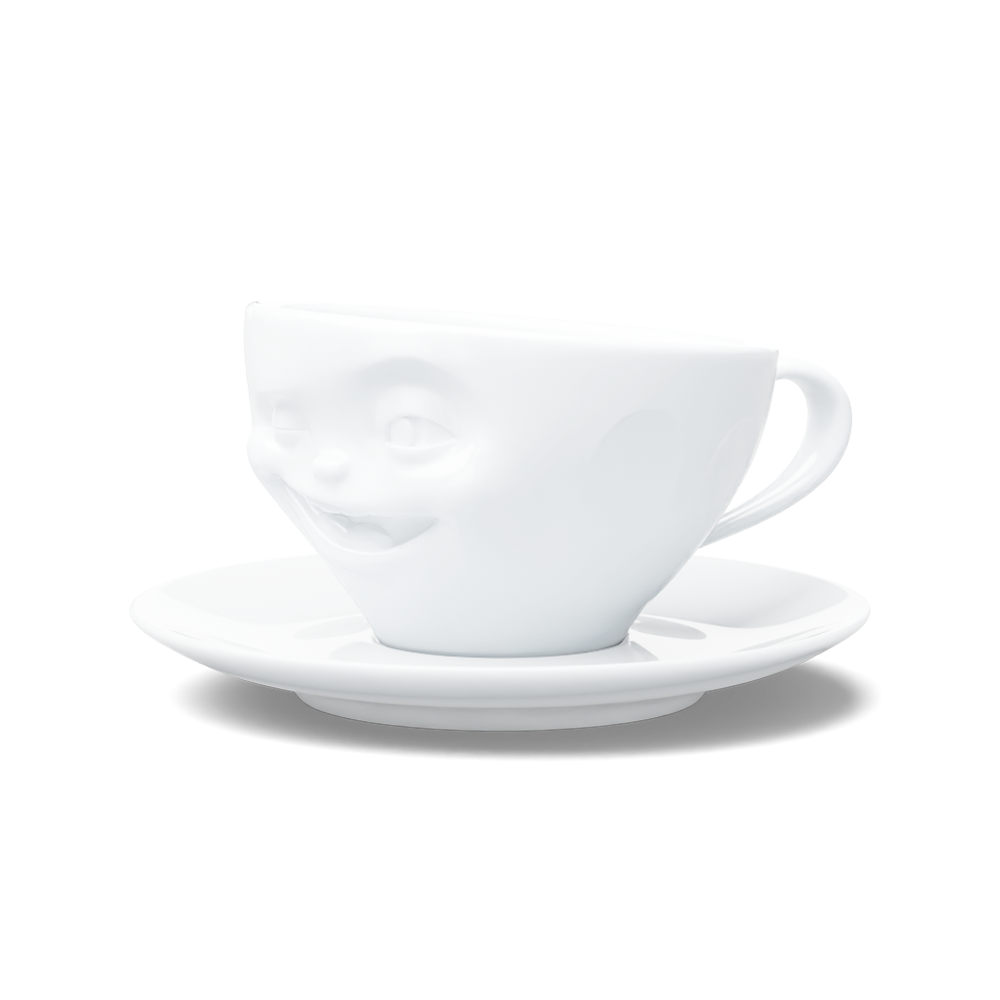Premium porcelain coffee cup with saucer in white from the porcelain product family of fun dishware by FIFTYEIGHT Products. Offers 6.5 oz capacity and comes with a matching saucer. Dishwasher and microwave safe cup with a 'laughing' facial expression. Shipped in exclusively designed gift box.