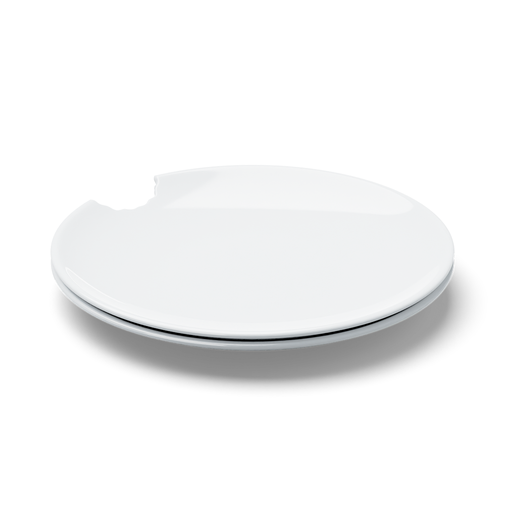 Set of two premium porcelain dessert plates in white with a 'bite mark' cutout at the edge. Dishwasher and microwave safe plate with a 7.8 inch diameter. From the porcelain product family of fun dishware by FIFTYEIGHT Products. Made in Germany according to environmental standards.