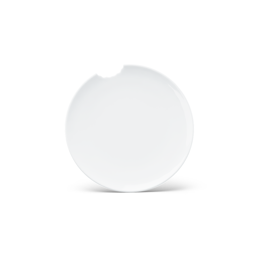 Set of two premium tiny porcelain plates in white with a 'bite mark' cutout at the edge. Dishwasher and microwave safe plate with a 5.9 inch diameter. From the TASSEN product family of fun dishware by FIFTYEIGHT Products. Made in Germany according to environmental standards.