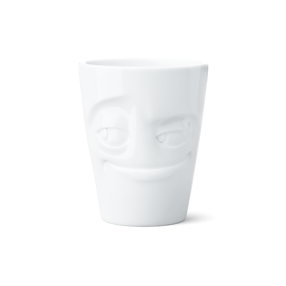 Premium porcelain coffee mug with handle from the porcelain product family of fun dishware by FIFTYEIGHT Products. Offers 11 oz capacity for serving coffee, tea, latte, matcha, soup and more. Dishwasher and microwave safe cup with a 'impish' facial expression. Shipped in exclusively designed gift box.
