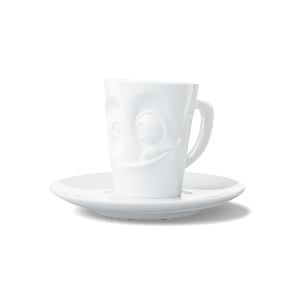 Premium porcelain espresso cup with saucer in white from the porcelain product family of fun dishware by FIFTYEIGHT Products. Offers 2.7 oz capacity and comes with a matching saucer. Dishwasher and microwave safe cup with a 'tasty' facial expression. Shipped in exclusively designed gift box.