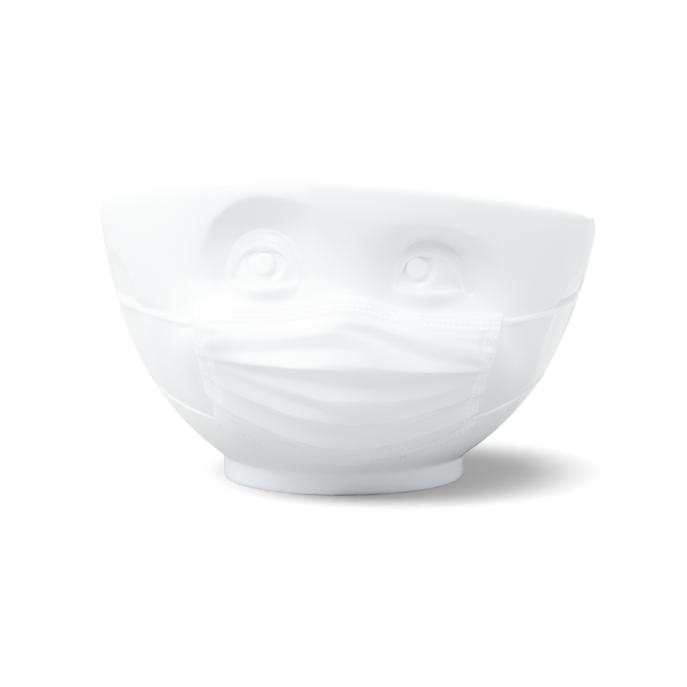 Premium porcelain bowl in white from the porcelain product family of fun dishware by FIFTYEIGHT Products. Offers 16 oz capacity perfect for serving cereal, soup, snacks and much more. Dishwasher and microwave safe bowl featuring a sculpted ‘hopeful’ facial expression and mask. Shipped in exclusively designed gift box.