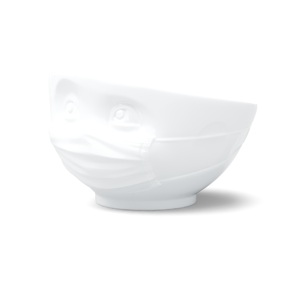 Premium porcelain bowl in white from the porcelain product family of fun dishware by FIFTYEIGHT Products. Offers 16 oz capacity perfect for serving cereal, soup, snacks and much more. Dishwasher and microwave safe bowl featuring a sculpted ‘hopeful’ facial expression and mask. Shipped in exclusively designed gift box.
