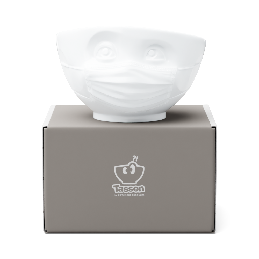 Premium porcelain bowl in white from the porcelain product family of fun dishware by FIFTYEIGHT Products. Offers 16 oz capacity perfect for serving cereal, soup, snacks and much more. Dishwasher and microwave safe bowl featuring a sculpted ‘hopeful’ facial expression and mask. Shipped in exclusively designed gift box.
