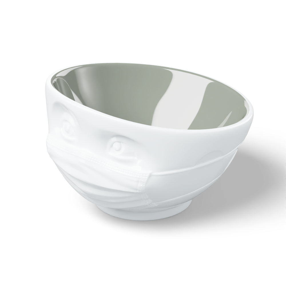 Premium porcelain bowl in white from the porcelain product family of fun dishware by FIFTYEIGHT Products. Offers 16 oz capacity perfect for serving cereal, soup, snacks and much more. Dishwasher and microwave safe bowl featuring a sculpted ‘hopeful’ facial expression and mask. Shipped in exclusively designed gift box.