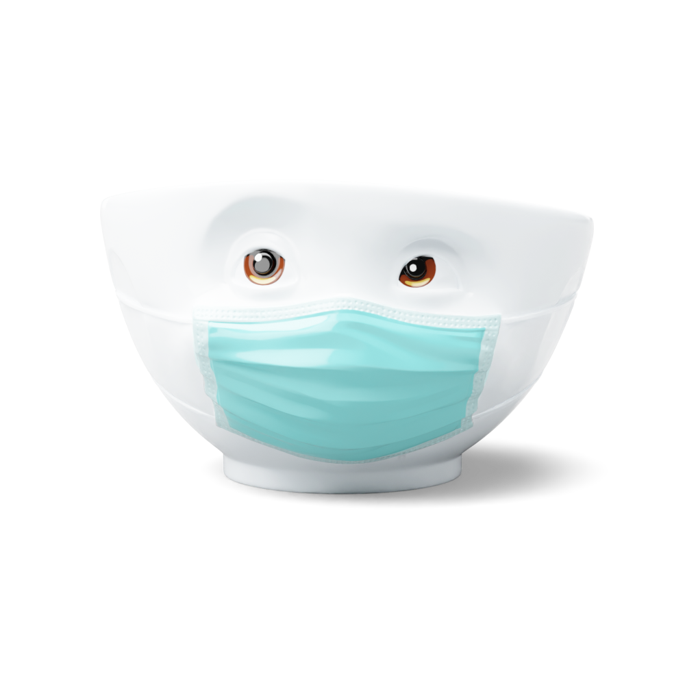 Premium porcelain bowl with colorful accents from porcelain product family of fun dishware by FIFTYEIGHT Products. Offers 16 oz capacity perfect for serving cereal, soup, snacks and much more. Dishwasher and microwave safe bowl featuring a ‘hopeful’ facial expression and colorful eyes and blue mask. Shipped in gift box.