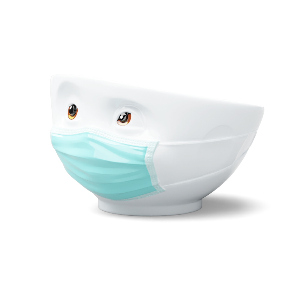 Premium porcelain bowl with colorful accents from porcelain product family of fun dishware by FIFTYEIGHT Products. Offers 16 oz capacity perfect for serving cereal, soup, snacks and much more. Dishwasher and microwave safe bowl featuring a ‘hopeful’ facial expression and colorful eyes and blue mask. Shipped in gift box.