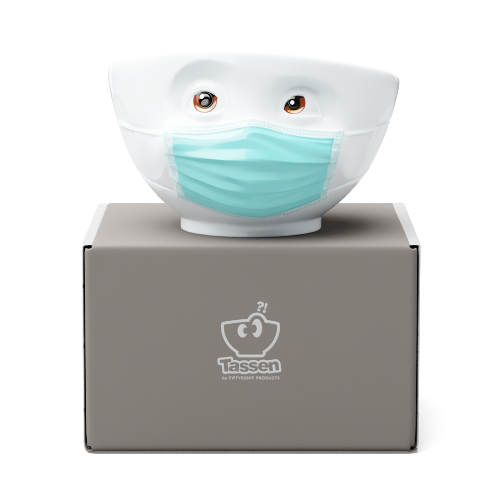 Premium porcelain bowl with colorful accents from porcelain product family of fun dishware by FIFTYEIGHT Products. Offers 16 oz capacity perfect for serving cereal, soup, snacks and much more. Dishwasher and microwave safe bowl featuring a ‘hopeful’ facial expression and colorful eyes and blue mask. Shipped in gift box.