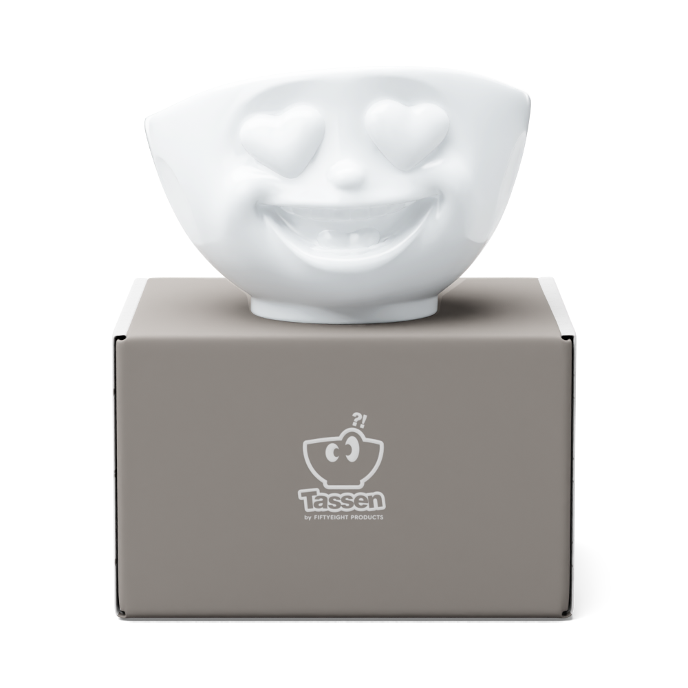 FIFTYEIGHT Products HEARTFUL Bowl 500ml porcelain serving bowl with heart eyes emoji face design. White porcelain with expressive love-struck expression, available in classic white or ruby-red interior. Made in Germany, dishwasher-safe.
