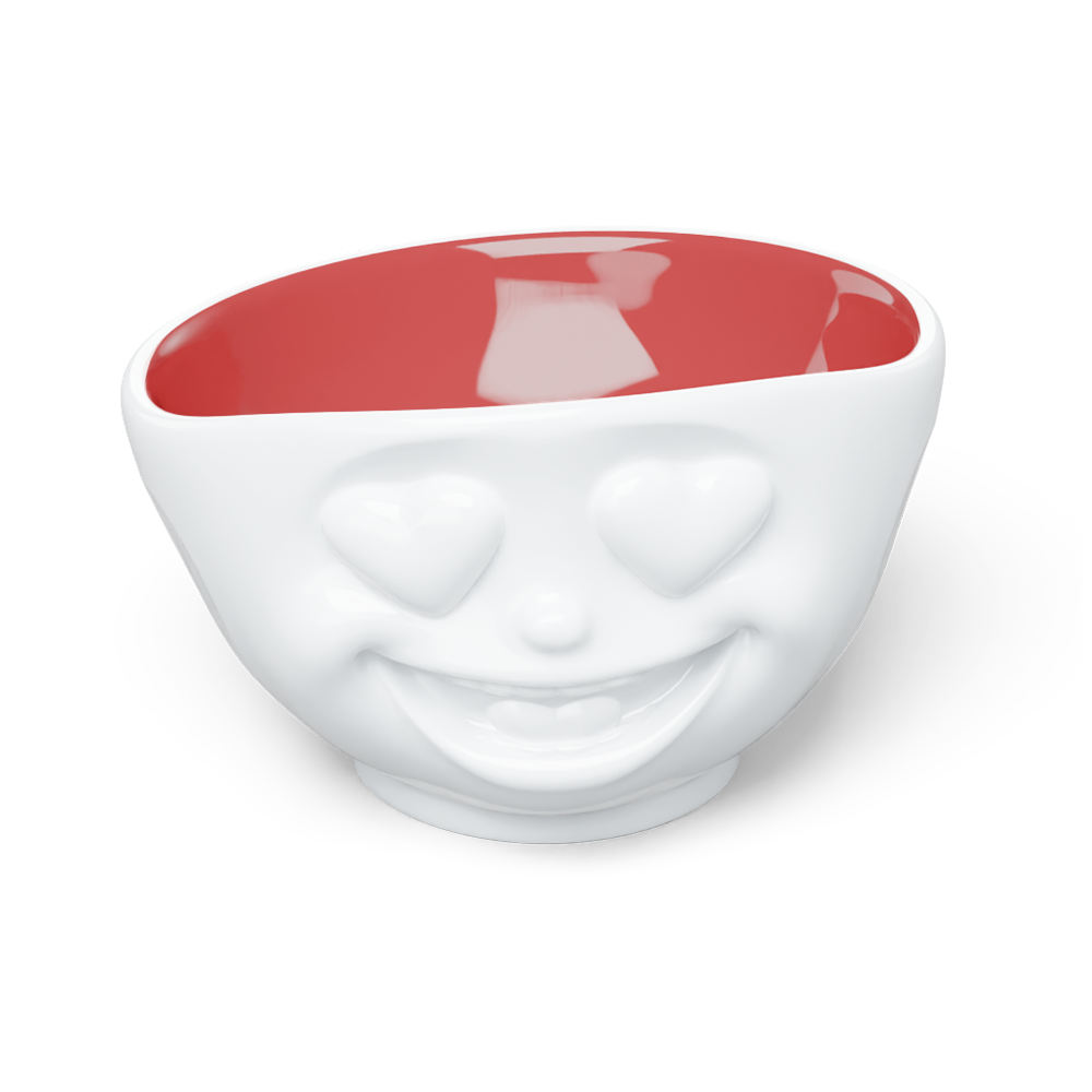 FIFTYEIGHT Products HEARTFUL Bowl with Ruby Interior, 500ml porcelain serving bowl featuring heart eyes emoji design. White exterior with rich ruby-red interior finish. Limited Special Edition, Made in Germany, dishwasher-safe.