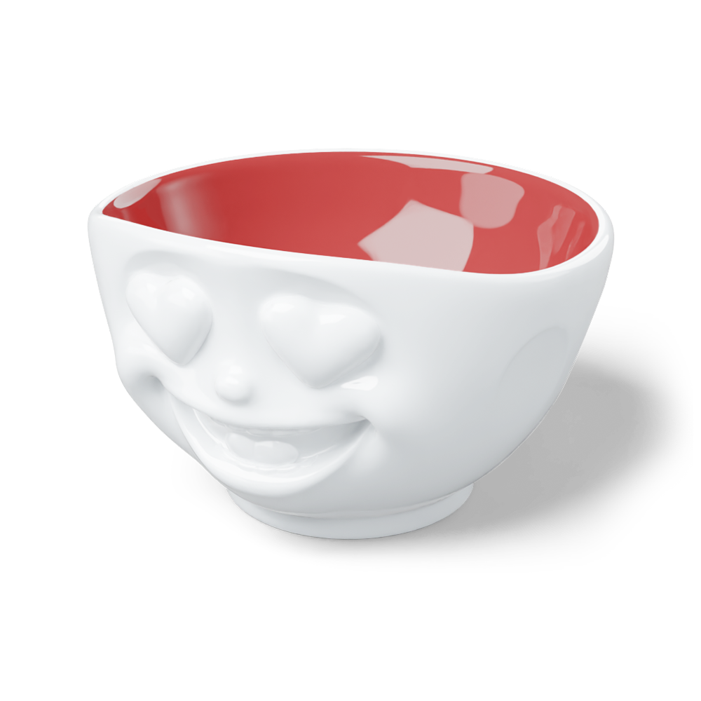 FIFTYEIGHT Products HEARTFUL Bowl with Ruby Interior, 500ml porcelain serving bowl featuring heart eyes emoji design. White exterior with rich ruby-red interior finish. Limited Special Edition, Made in Germany, dishwasher-safe.