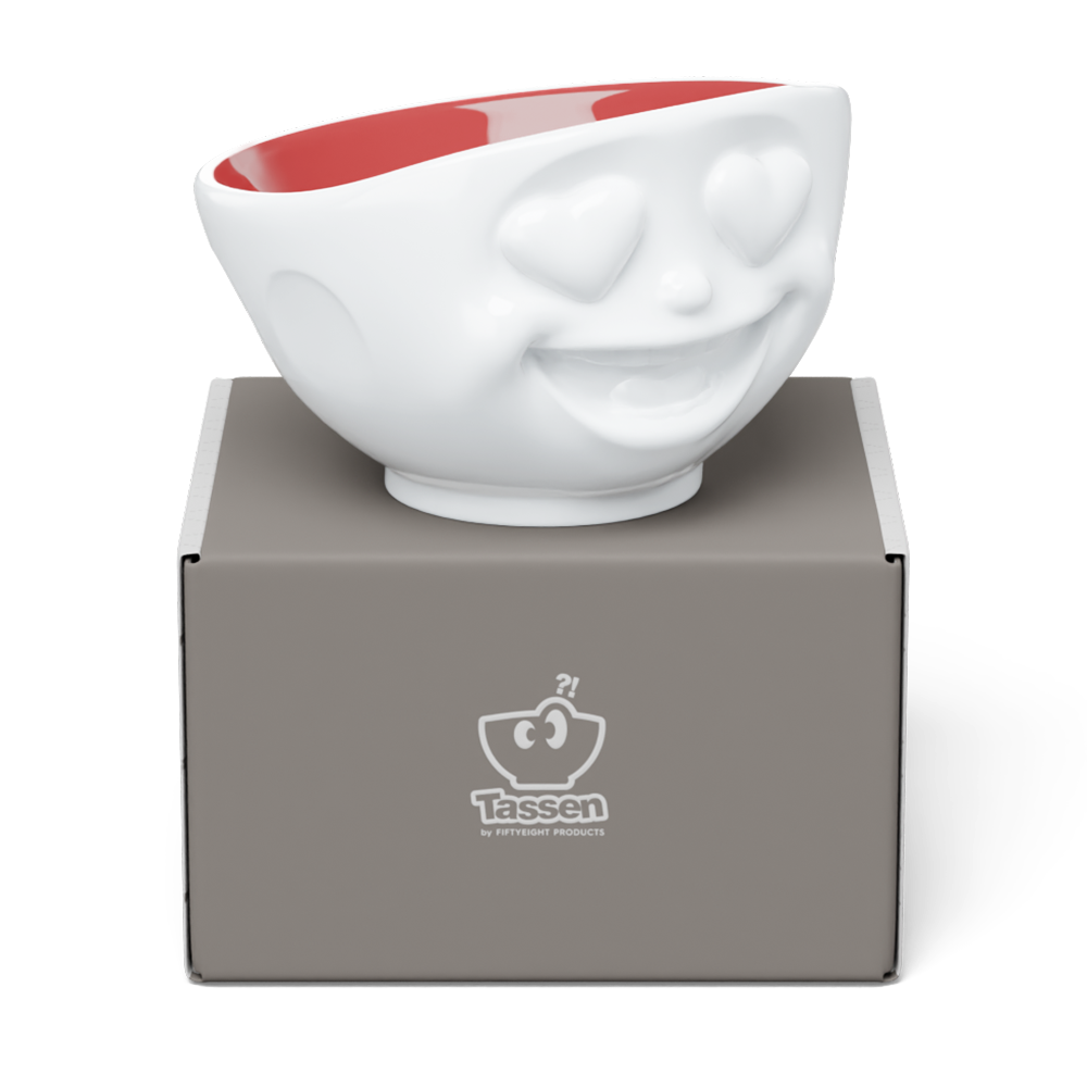 FIFTYEIGHT Products HEARTFUL Bowl with Ruby Interior, 500ml porcelain serving bowl featuring heart eyes emoji design. White exterior with rich ruby-red interior finish. Limited Special Edition, Made in Germany, dishwasher-safe.