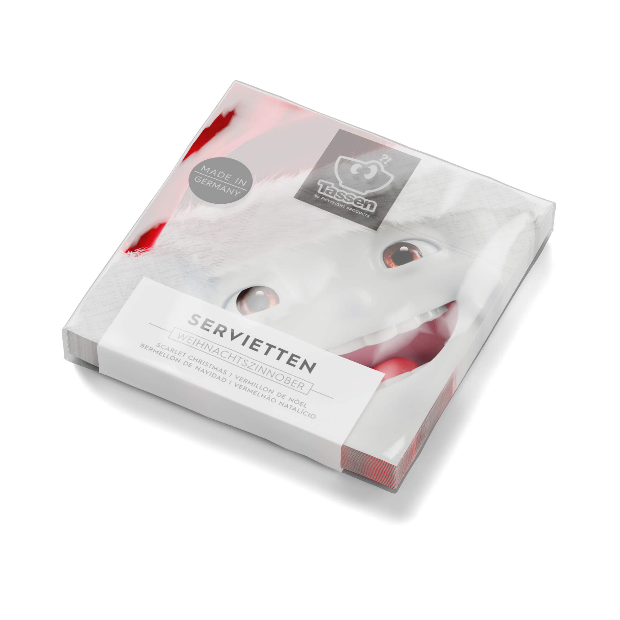 Pack of 20 disposable paper napkins in transparent packaging. Colorful paper napkins featuring zany TASSEN artwork in "Scarlet Christmas" design. 12 by 12 inches in size and Made in Germany according to environmental standards.
