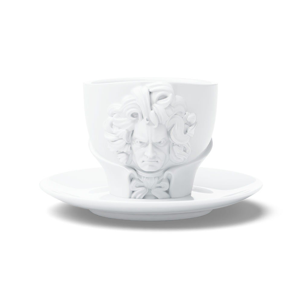Premium porcelain coffee cup with saucer in white with sculpted Ludwig van Beethoven face. Dishwasher and microwave safe cup at 8.7 oz capacity. From the TALENT product family of cups dedicated to creative geniuses by FIFTYEIGHT Products. Made in Germany according to environmental standards.