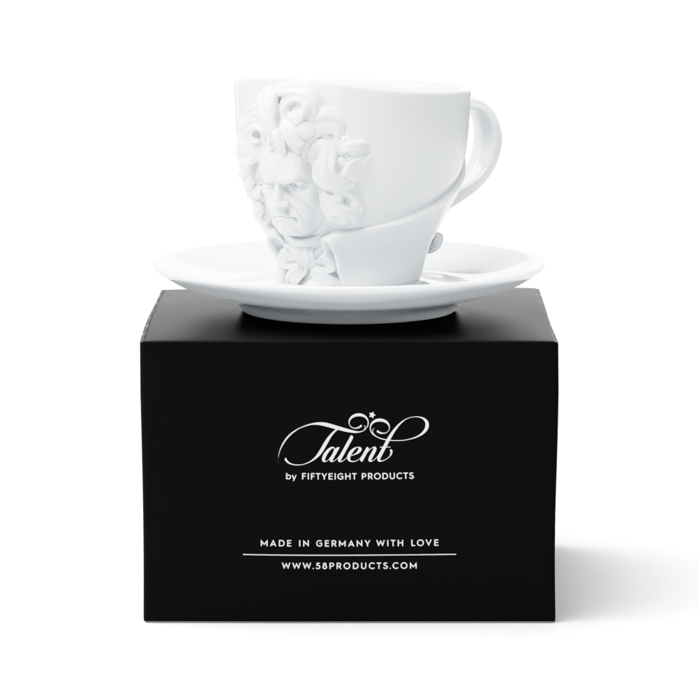 Premium porcelain coffee cup with saucer in white with sculpted Ludwig van Beethoven face. Dishwasher and microwave safe cup at 8.7 oz capacity. From the TALENT product family of cups dedicated to creative geniuses by FIFTYEIGHT Products. Made in Germany according to environmental standards.