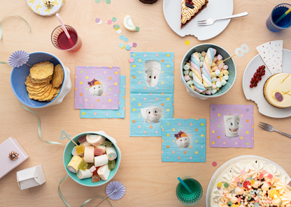 Pack of 20 disposable paper napkins in transparent packaging. Colorful paper napkins featuring zany TASSEN artwork in "Kid’s B-Day Party" design in blue. 9.6 by 9.6 inches in size and Made in Germany according to environmental standards.