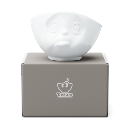 Premium porcelain bowl in white from the porcelain product family of fun dishware by FIFTYEIGHT Products. Offers 16 oz capacity perfect for serving cereal, soup, snacks and much more. Dishwasher and microwave safe bowl featuring a sculpted ‘sulking’ facial expression. Shipped in exclusively designed gift box.