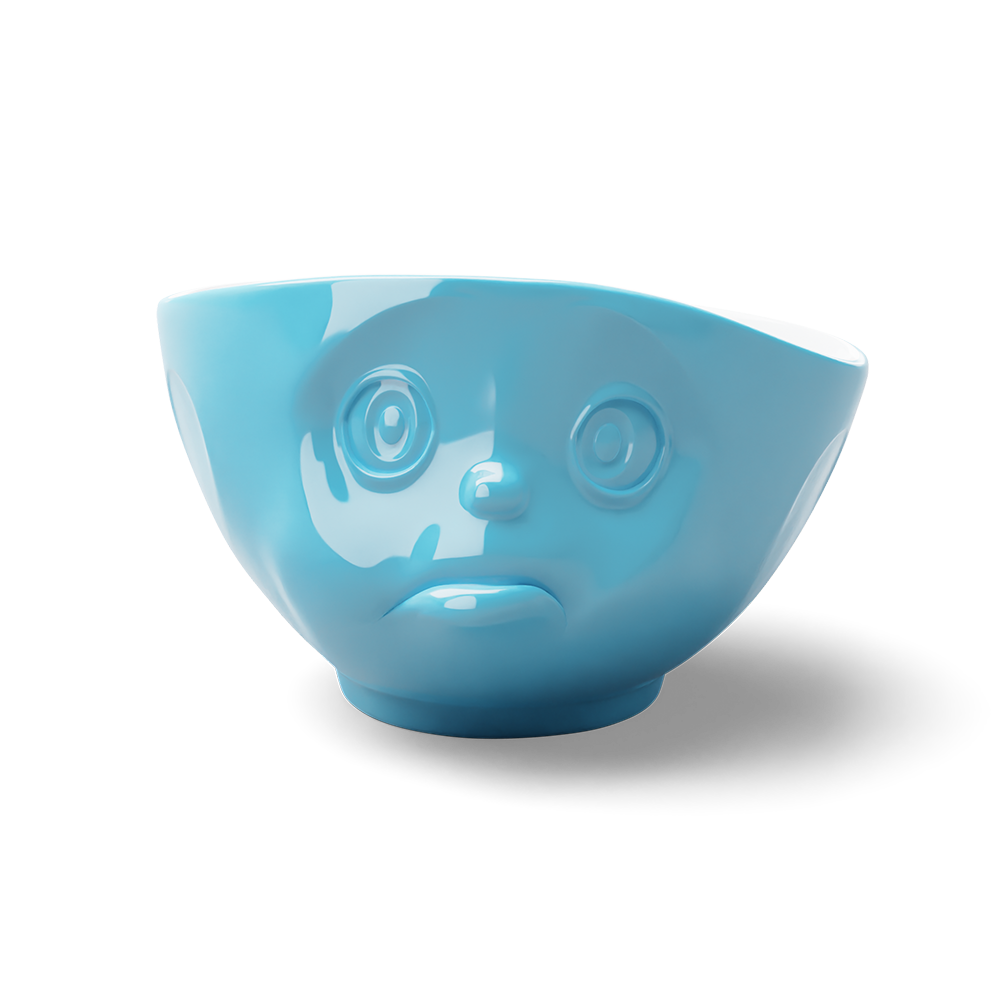 Premium porcelain bowl in blue from the porcelain product family of fun dishware by FIFTYEIGHT Products. Offers 16 oz capacity perfect for serving cereal, soup, snacks and much more. Dishwasher and microwave safe bowl featuring a sculpted ‘sulking’ facial expression. Shipped in exclusively designed gift box.
