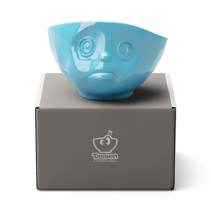 Premium porcelain bowl in blue from the porcelain product family of fun dishware by FIFTYEIGHT Products. Offers 16 oz capacity perfect for serving cereal, soup, snacks and much more. Dishwasher and microwave safe bowl featuring a sculpted ‘sulking’ facial expression. Shipped in exclusively designed gift box.