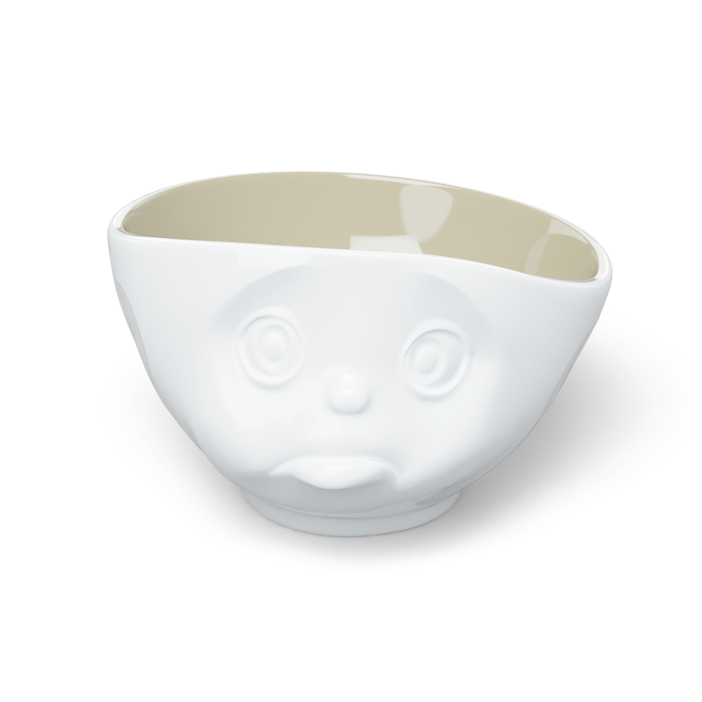 Premium porcelain bowl in white with sand color on the inside from the porcelain product family by FIFTYEIGHT Products. Offers 16oz capacity perfect for serving cereal, soup, snacks and much more. Dishwasher and microwave safe bowl featuring a sculpted ‘sulking’ facial expression. Shipped in exclusively designed gift box.