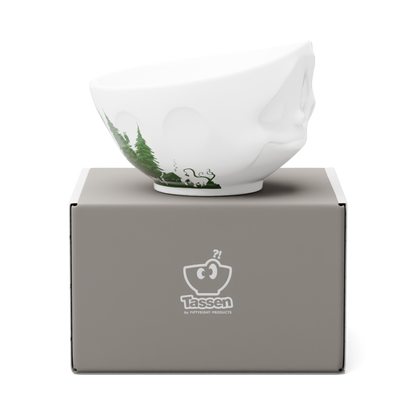 FIFTYEIGHT Products Happy FABULOUS Special Edition 16oz porcelain bowl with rich green finish and delicate nature motifs. Features signature smiling Happy face design on white porcelain with botanical artwork. Made in Germany, Limited Edition.