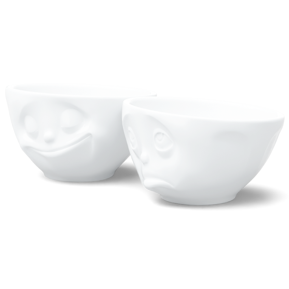 Set of two 6.5 oz. bowls in white from the porcelain product family of fun dishware by FIFTYEIGHT Products. Perfect for serving snacks, nuts, chips, dips, sauces, and a few scoops of ice cream. Dishwasher and microwave safe bowls featuring sculpted ‘happy’ and 'Oh please' faces. Shipped in exclusively designed gift box.
