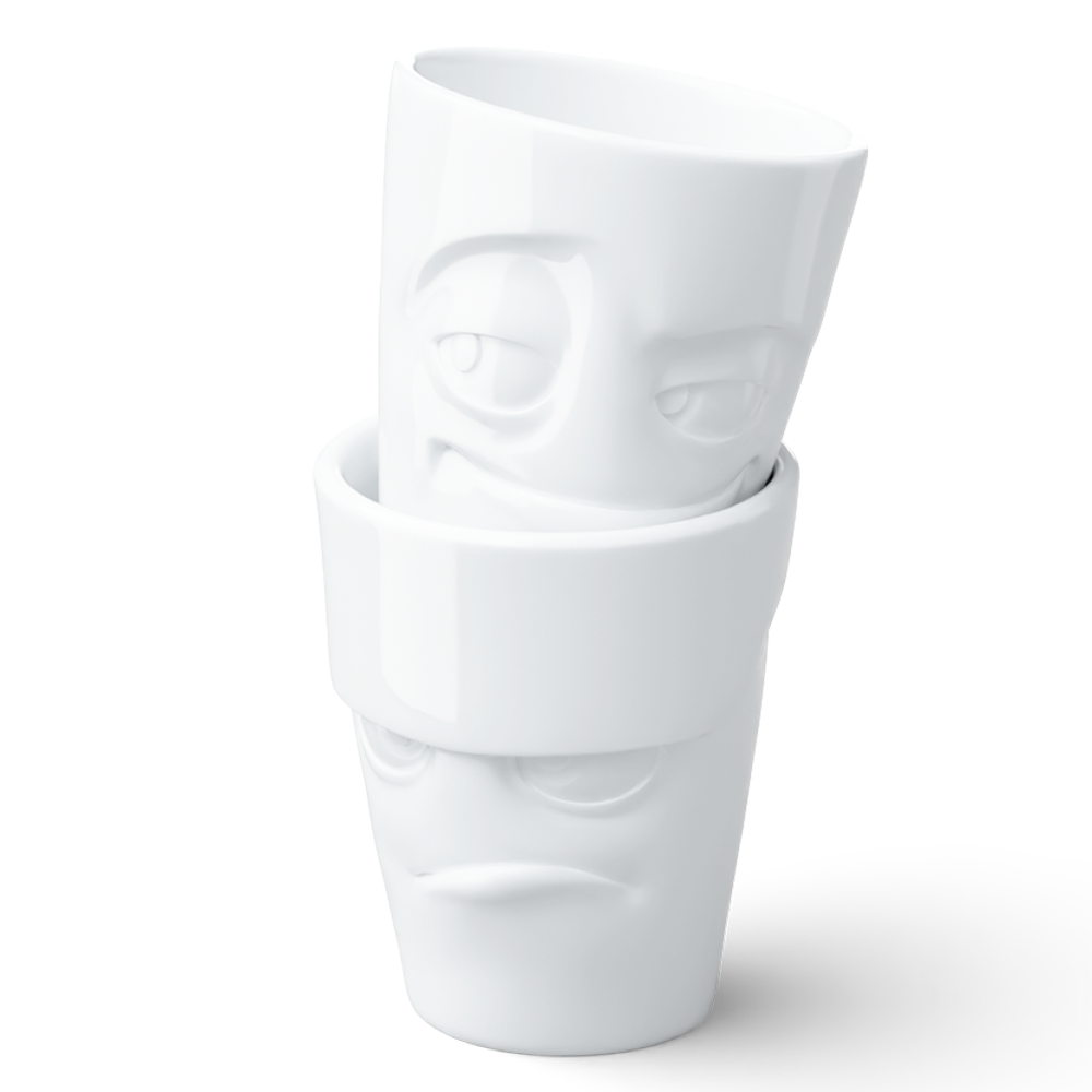 Set of two coffee mugs without handles in white from the porcelain product family of fun dishware by FIFTYEIGHT Products. Each offering 11 oz capacity. Dishwasher and microwave safe coffee cups with 'Grumpy' and 'Impish' facial expression. Shipped in exclusively designed gift box.