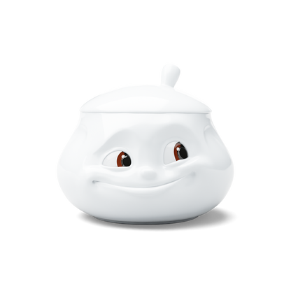 Premium porcelain sugar bowl with "sweet" facial expression and 13.5 oz capacity. Special edition with colorful eyes. Serves sugar, salsa, marmalade, jam, honey, mustard, ketchup, parmesan cheese. Spoon not included. From the porcelain product family of fun dishware by FIFTYEIGHT Products. Shipped in exclusively designed gift box.